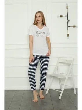 Akbeniz Kısa Kollu Beyaz Penye Kadın Pijama Takım Akbeniz 4160 - Alternatif Görünüm