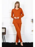 Patlı Kadın Penye Uzun Kollu Pijama Takım Akbeniz 4168 Kiremit