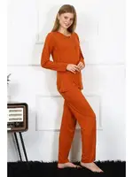 Patlı Kadın Penye Uzun Kollu Pijama Takım Akbeniz 4168 Kiremit detay görünüm