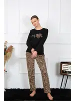 Uzun Kollu Leopar Penye Uzun Kol Pijama Takım Akbeniz 4129 Siyah
