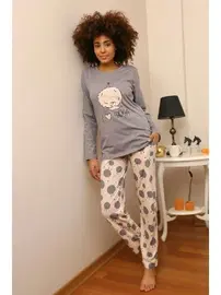 Akbeniz Yuvarlak Yaka Penye Uzun Kollu Kadın Pijama Takım Akbeniz 4186