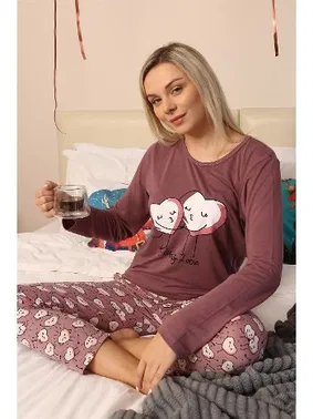 Akbeniz Yuvarlak Yaka Kalpli Penye Uzun Kollu Pijama Takım Akbeniz 4187 - Alternatif Görünüm