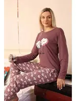 Yuvarlak Yaka Kalpli Penye Uzun Kollu Pijama Takım Akbeniz 4187 Mürdüm görsel 5