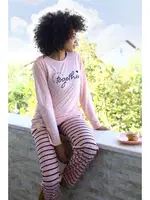 Penye Altı Çizgili Uzun Kollu Kadın Pijama Takım Akbeniz 4190 Pembe detay görünüm