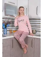 Penye Altı Çizgili Uzun Kollu Kadın Pijama Takım Akbeniz 4190 Pembe farklı açı