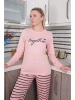 Penye Altı Çizgili Uzun Kollu Kadın Pijama Takım Akbeniz 4190 Pembe görsel 4