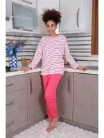 Enine Çizgili Uzun Kollu 3 İplik Kadın Pijama Takım Akbeniz 4179 Beyaz