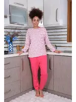 Enine Çizgili Uzun Kollu 3 İplik Kadın Pijama Takım Akbeniz 4179 Beyaz detay görünüm