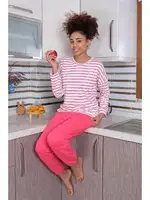 Enine Çizgili Uzun Kollu 3 İplik Kadın Pijama Takım Akbeniz 4179 Beyaz farklı açı