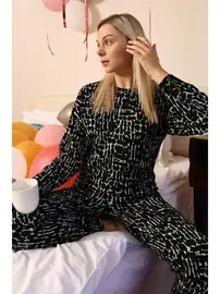 Akbeniz Siyah Yuvarlak Yaka Uzun Kollu 3 İplik Penye Pijama Takım Akbeniz 4180