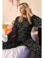 Siyah Yuvarlak Yaka Uzun Kollu 3 İplik Penye Pijama Takım Akbeniz 4180 Siyah