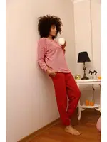 İnce Çizgili Uzun Kollu Penye 3 İplik Kadın Pijama Takım Akbeniz 4184 Kırmızı