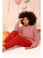 İnce Çizgili Uzun Kollu Penye 3 İplik Kadın Pijama Takım Akbeniz 4184 Kırmızı görsel 5