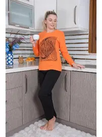 Akbeniz Önü Desenli Kadın Uzun Kollu Penye Pijama Takım Akbeniz 4177