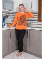 Önü Desenli Kadın Uzun Kollu Penye Pijama Takım Akbeniz 4177 Turuncu farklı açı