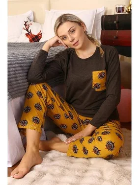 Akbeniz Uzun Kollu Yakası Cepli Penye Kadın Pijama Takım Akbeniz 4192 - Alternatif Görünüm