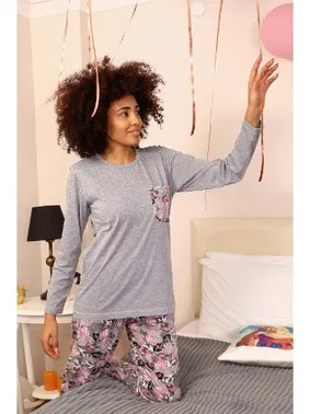 Akbeniz Bisiklet Yaka Uzun Kollu Çiçekli Kadın Penye Pijama Takım Akbeniz 4195