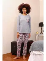 Bisiklet Yaka Uzun Kollu Çiçekli Kadın Penye Pijama Takım Akbeniz 4195 Gri farklı açı
