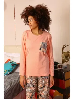 Akbeniz Yakası Cepli Çiçekli Uzun Kol Kadın Penye Pijama Takım Akbeniz 4196 - Alternatif Görünüm