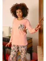 Yakası Cepli Çiçekli Uzun Kol Kadın Penye Pijama Takım Akbeniz 4196 Yavruağzı görsel 4