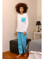 Uzun Kollu Penye Puantiyeli Kadın Pijama Takım Akbeniz 4197 Beyaz detay görünüm