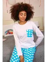 Uzun Kollu Penye Puantiyeli Kadın Pijama Takım Akbeniz 4197 Beyaz görsel 4