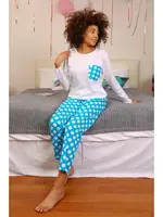 Uzun Kollu Penye Puantiyeli Kadın Pijama Takım Akbeniz 4197 Beyaz görsel 6