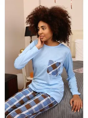 Akbeniz Uzun Kollu Ekoseli Penye Kadın Pijama Takım Akbeniz 4198 - Alternatif Görünüm