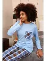 Uzun Kollu Ekoseli Penye Kadın Pijama Takım Akbeniz 4198 Mavi detay görünüm