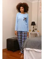 Uzun Kollu Ekoseli Penye Kadın Pijama Takım Akbeniz 4198 Mavi farklı açı