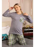 Ekose Desen Cepli Kadın Uzun Kollu Penye Pijama Takım Akbeniz 4199 Gri