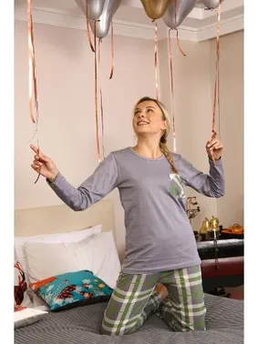 Akbeniz Ekose Desen Cepli Kadın Uzun Kollu Penye Pijama Takım Akbeniz 4199 - Alternatif Görünüm