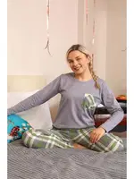 Ekose Desen Cepli Kadın Uzun Kollu Penye Pijama Takım Akbeniz 4199 Gri görsel 5
