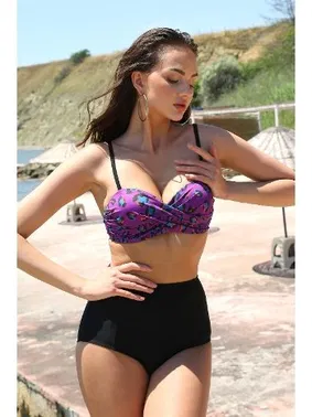 Akbeniz Önden Düğümlü Yüksel Bel Straplez Mor Bikini Akbeniz 35006
