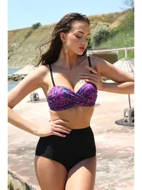 Akbeniz Önden Düğümlü Yüksel Bel Straplez Mor Bikini Akbeniz 35006