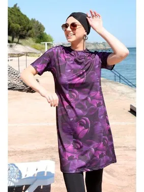 Akbeniz Gül Desenli Kısa Kollu Yarım Tesettür Mayo Akbeniz 33014