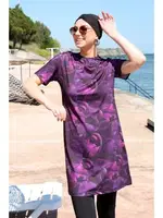 Gül Desenli Kısa Kollu Yarım Tesettür Mayo Akbeniz 33014 Mor