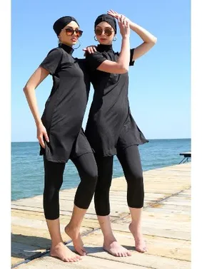 Akbeniz Balıkçı Yaka Kısa Kollu Siyah Yarım Tesettür Mayo Akbeniz 33015