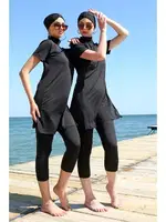 Balıkçı Yaka Kısa Kollu Siyah Yarım Tesettür Mayo Akbeniz 33015 Siyah