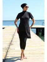 Balıkçı Yaka Kısa Kollu Siyah Yarım Tesettür Mayo Akbeniz 33015 Siyah detay görünüm