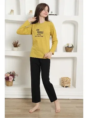 Akbeniz Yazılı Uzun Kollu Kız Çocuk Penye Pijama Takım Akbeniz 20420 - Alternatif Görünüm