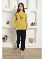 Yazılı Uzun Kollu Kız Çocuk Penye Pijama Takım Akbeniz 20420 Sarı görsel 4