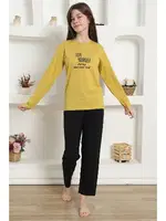 Yazılı Uzun Kollu Kız Çocuk Penye Pijama Takım Akbeniz 20420 Sarı görsel 5