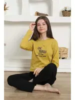Yazılı Uzun Kollu Kız Çocuk Penye Pijama Takım Akbeniz 20420 Sarı görsel 6