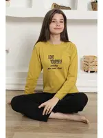 Yazılı Uzun Kollu Kız Çocuk Penye Pijama Takım Akbeniz 20420 Sarı görsel 7