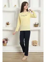 Kız Çocuk Yazılı Penye Uzun Kollu Pijama Takım Akbeniz 20422 Sarı