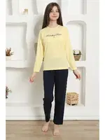 Kız Çocuk Yazılı Penye Uzun Kollu Pijama Takım Akbeniz 20422 Sarı görsel 4