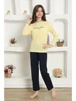 Kız Çocuk Yazılı Penye Uzun Kollu Pijama Takım Akbeniz 20422 Sarı görsel 5