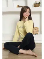 Kız Çocuk Yazılı Penye Uzun Kollu Pijama Takım Akbeniz 20422 Sarı görsel 6