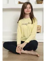 Kız Çocuk Yazılı Penye Uzun Kollu Pijama Takım Akbeniz 20422 Sarı görsel 7